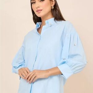 Light Blue Button-Up Zara Blouse with Pearl Details